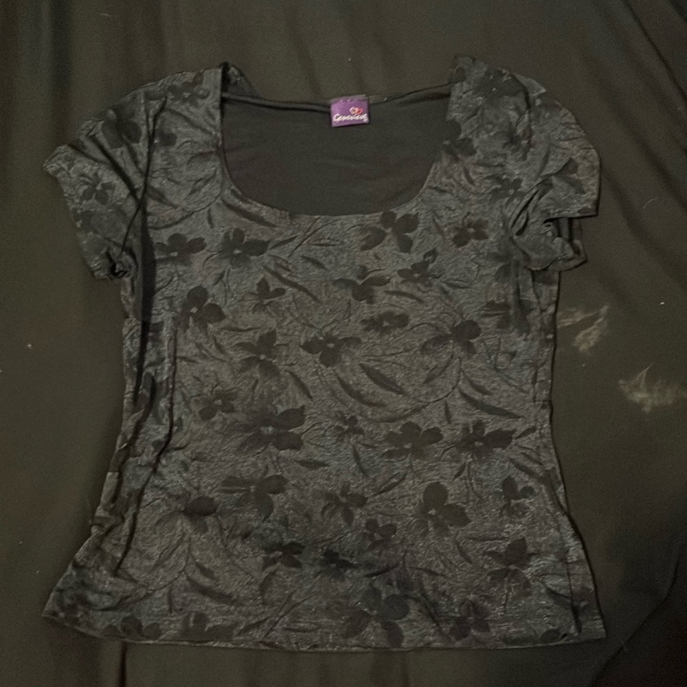 Y2K Deadstock Black Flower Square Neck Top